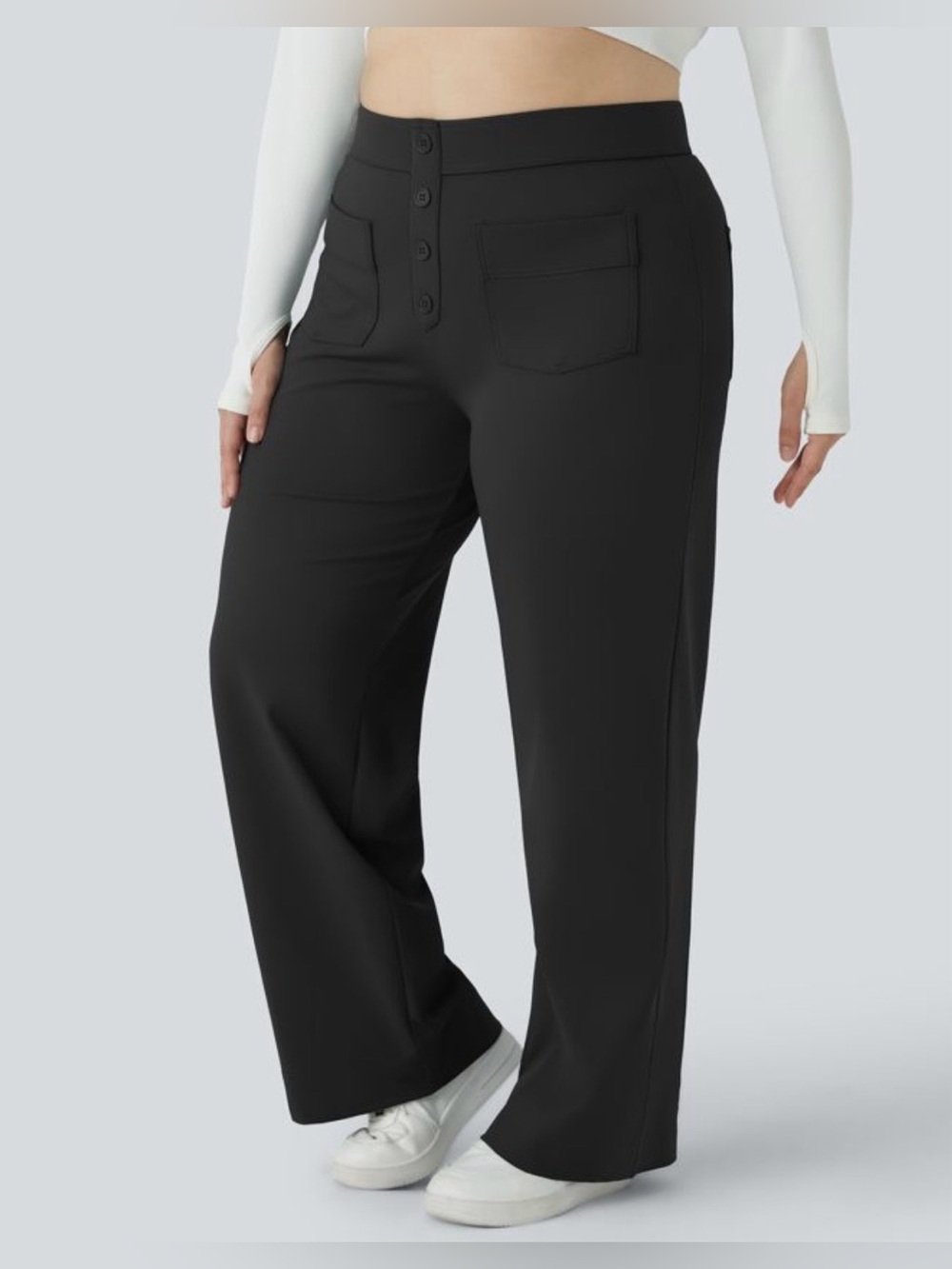 HALARA Black High-Rise Wide-Leg Button Front Pants